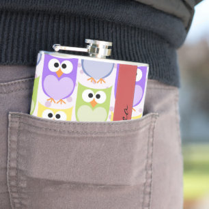 Cute Owls, Owl Pattern, Colourful Owls, Your Name Hip Flask