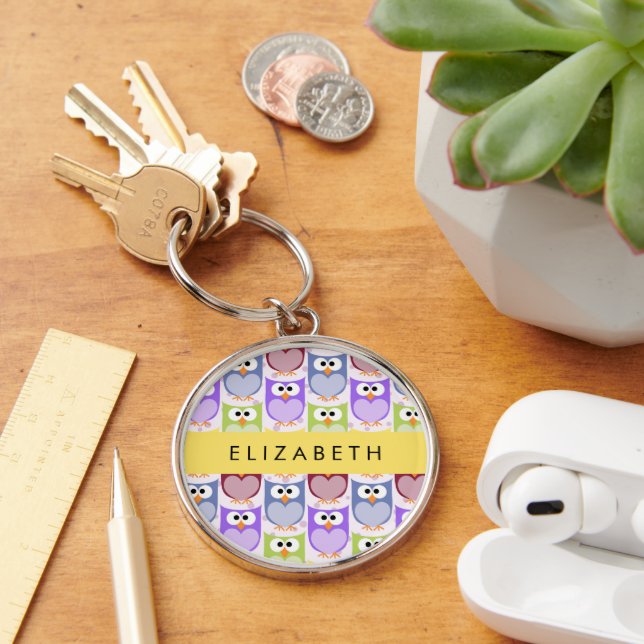 Cute Owls, Owl Pattern, Colourful Owls, Your Name Keychain (Desk)