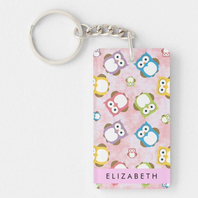Cute Owls, Owl Pattern, Colourful Owls, Your Name Keychain (Front)