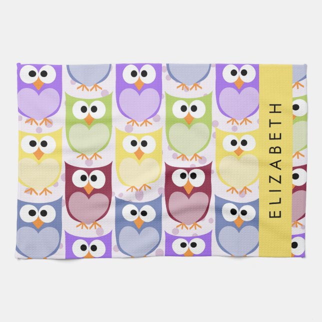 Cute Owls, Owl Pattern, Colourful Owls, Your Name Kitchen Towel (Horizontal)