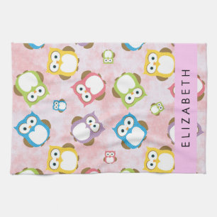 Cute Owls, Owl Pattern, Colourful Owls, Your Name Kitchen Towel