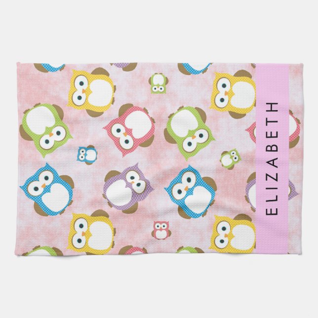 Cute Owls, Owl Pattern, Colourful Owls, Your Name Kitchen Towel (Horizontal)