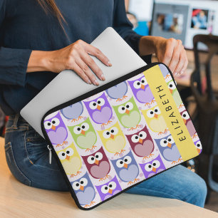 Cute Owls, Owl Pattern, Colourful Owls, Your Name Laptop Sleeve