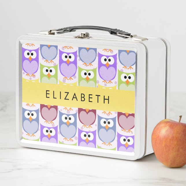 Cute Owls, Owl Pattern, Colourful Owls, Your Name Metal Lunch Box (In Situ)