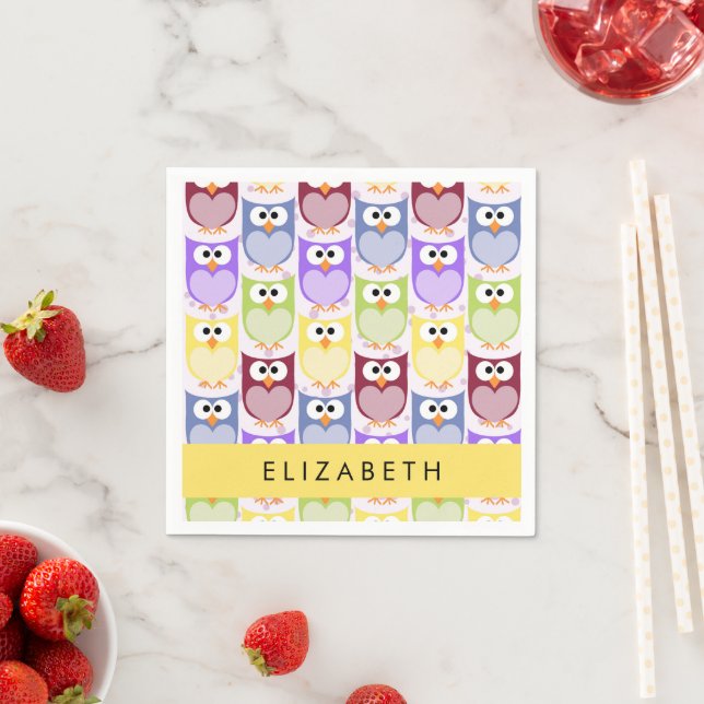 Cute Owls, Owl Pattern, Colourful Owls, Your Name Napkin (Insitu)