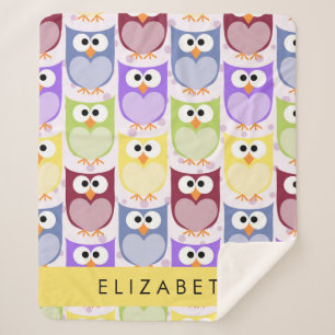 Cute Owls, Owl Pattern, Colourful Owls, Your Name Sherpa Blanket