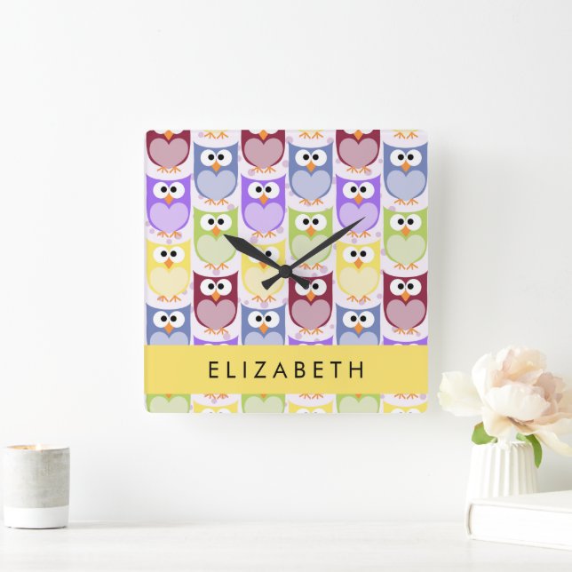 Cute Owls, Owl Pattern, Colourful Owls, Your Name Square Wall Clock (Home)