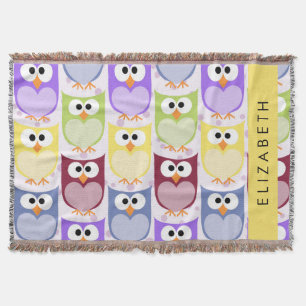 Cute Owls, Owl Pattern, Colourful Owls, Your Name Throw Blanket