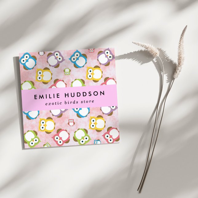 Cute Owls, Owl Pattern, Pet Shop, Bird Store Square Business Card (Creator Uploaded)