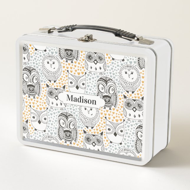 Cute Owls Pattern custom name lunch boxes (Front)