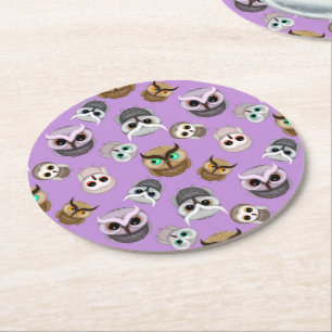 Cute Owls Pattern on Purple Background Round Paper Coaster
