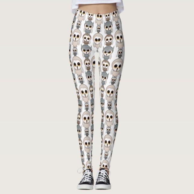Cute Owls Pattern On White Leggings (Front)