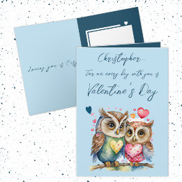 Cute owls personalized name blue Valentine's Day Card