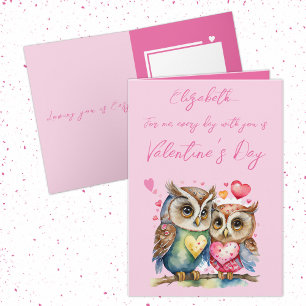 Cute owls personalized name pink Valentine's Day Card