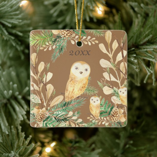 Cute Owls Pine Watercolor Christmas Ceramic Ornament (Tree)