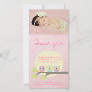 Cute Owls Pink Baby Thank You Photo Card