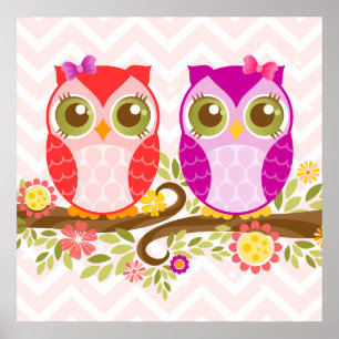 Cute Owls - Pink & Purple Girls - Wall Poster