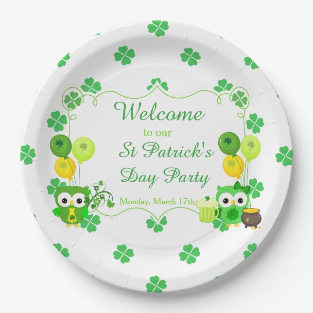 Cute Owls St Patrick's Day Party Paper Plate (Front)