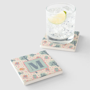 Cute Owls Trees Pattern Fun Custom Initial  Stone Coaster
