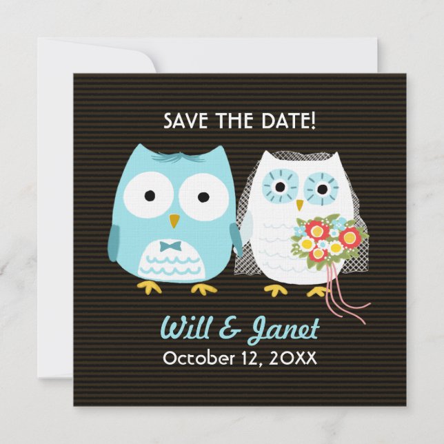 Cute Owls Wedding Bride and Groom Save the Date (Front)