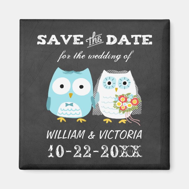 Cute Owls Wedding Chalkboard Style Save the Date Magnet (Front)