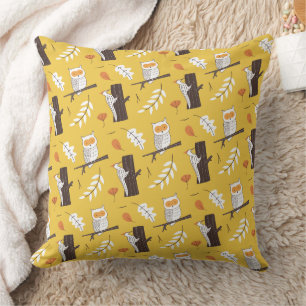 Cute Owls & Woodpeckers Mustard Yellow Forest Throw Pillow