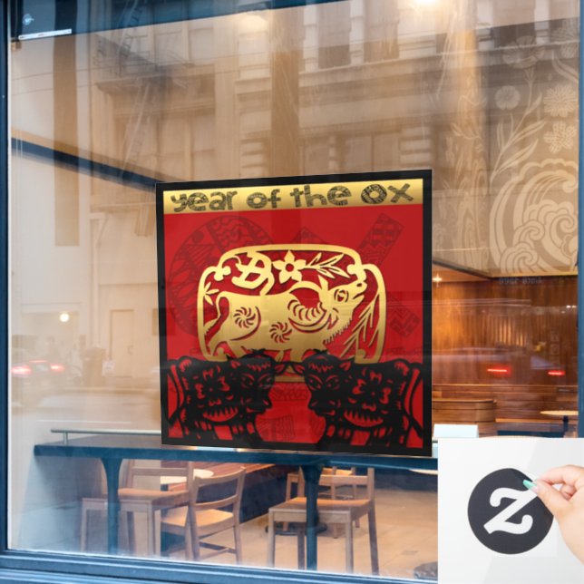 Cute Ox Chinese New Year Zodiac Birthday SqWC Window Cling (Cafe Window)