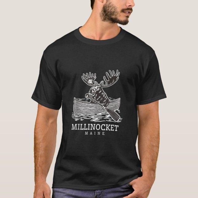 Cute Paddling Moose in Millinocket Maine Canoe ME  T-Shirt (Front)