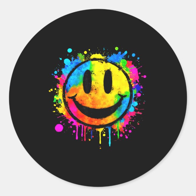 Cute Paint Splash Happy Smile Face 70s Tie Dye Smi Classic Round Sticker (Front)