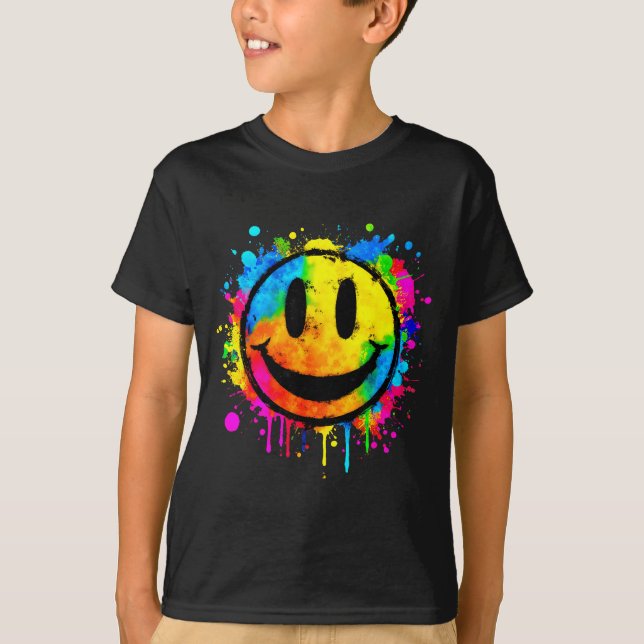 Cute Paint Splash Happy Smile Face 70s Tie Dye Smi T-Shirt (Front)