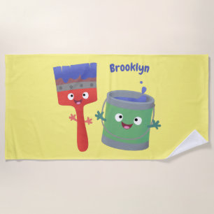 Cute paintbrush and paint cartoon characters beach towel