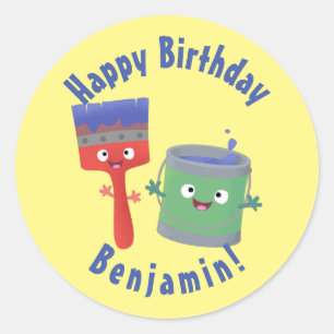 Cute paintbrush and paint cartoon characters class classic round sticker