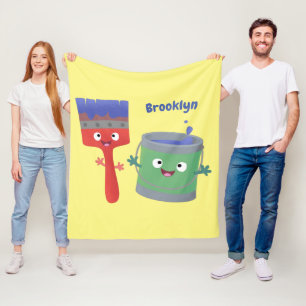 Cute paintbrush and paint cartoon characters fleece blanket