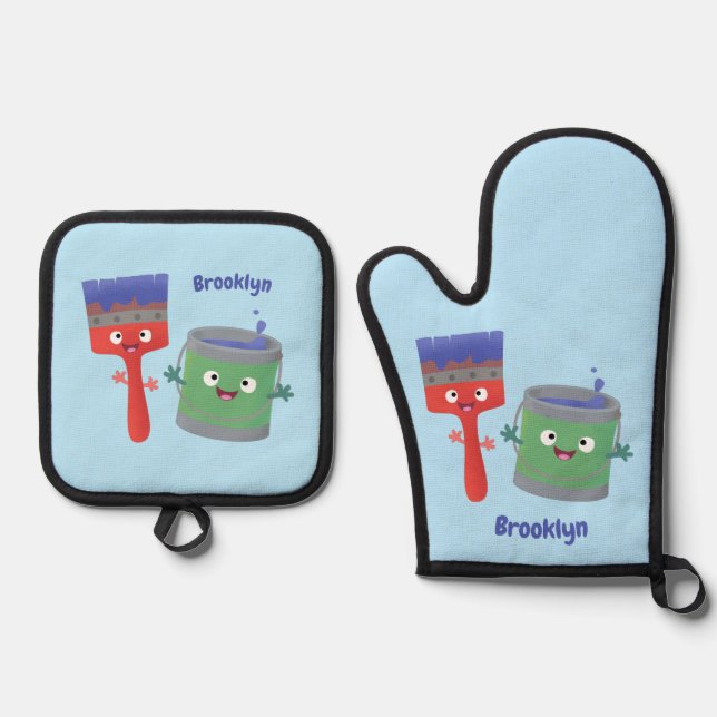 Cute paintbrush and paint cartoon characters oven mitt & pot holder set (Front)
