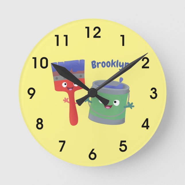 Cute paintbrush and paint cartoon characters round clock (Front)