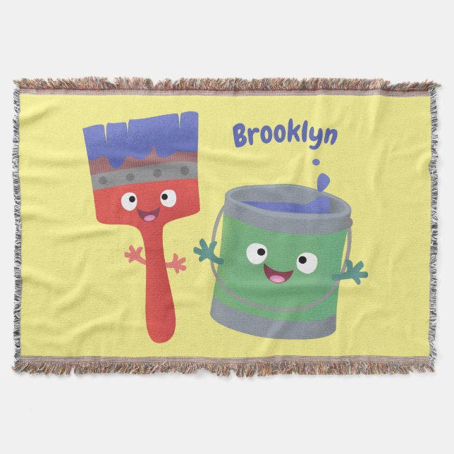 Cute paintbrush and paint cartoon characters throw blanket (Front)