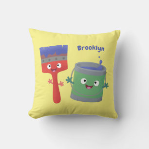 Cute paintbrush and paint cartoon characters throw pillow