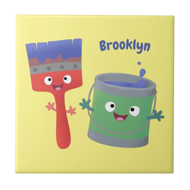 Cute paintbrush and paint cartoon characters tile (Front)