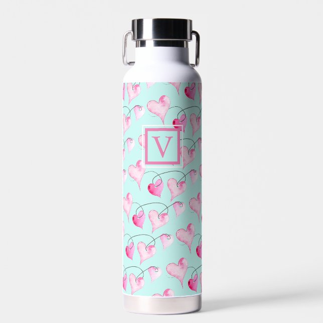 Cute Painted Hearts Monogram Water Bottle (Front)