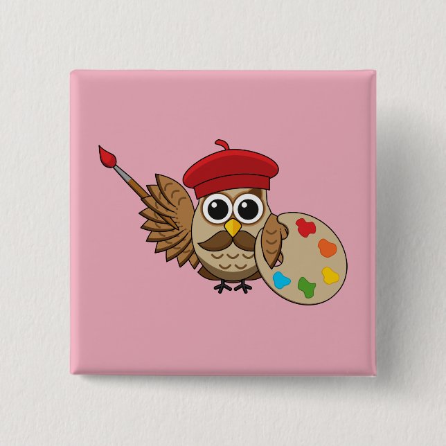 Cute Painter Owl Cartoon 2 Inch Square Button (Front)