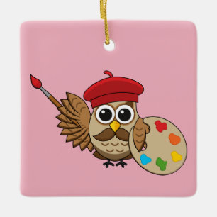 Cute Painter Owl Cartoon Ceramic Ornament