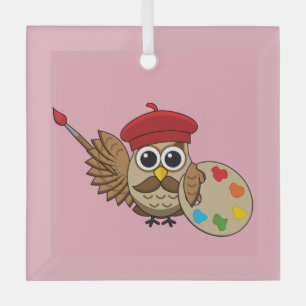Cute Painter Owl Cartoon Glass Ornament