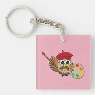 Cute Painter Owl Cartoon Keychain