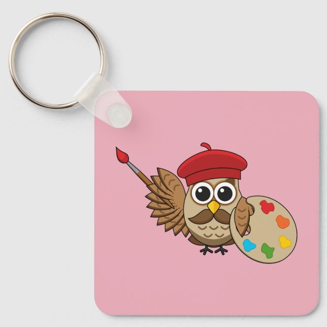 Cute Painter Owl Cartoon Keychain (Front)