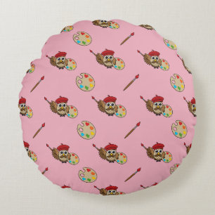 Cute Painter Owl Cartoon Round Pillow
