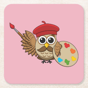 Cute Painter Owl Cartoon Square Paper Coaster