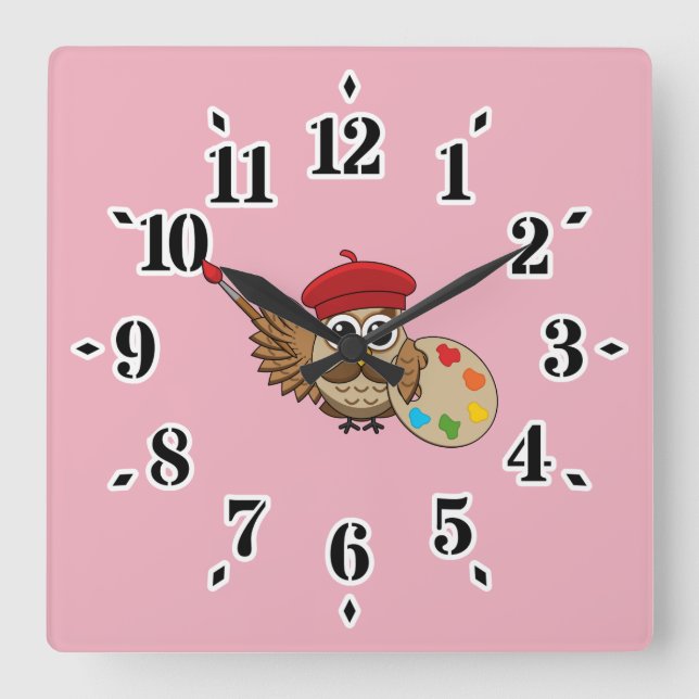 Cute Painter Owl Cartoon Square Wall Clock (Front)