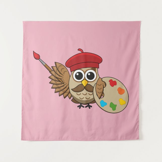 Cute Painter Owl Cartoon Tapestry (Front)