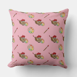 Cute Painter Owl Cartoon Throw Pillow