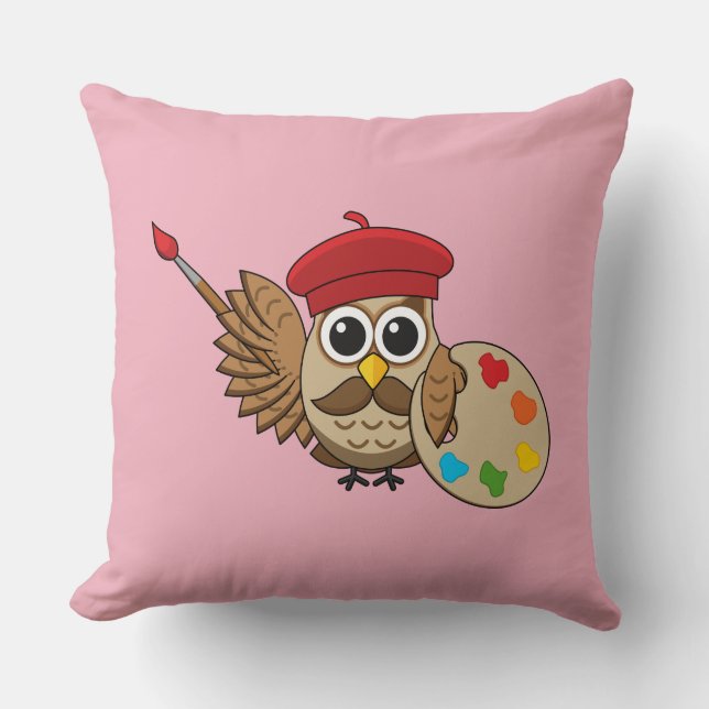Cute Painter Owl Cartoon Throw Pillow (Front)